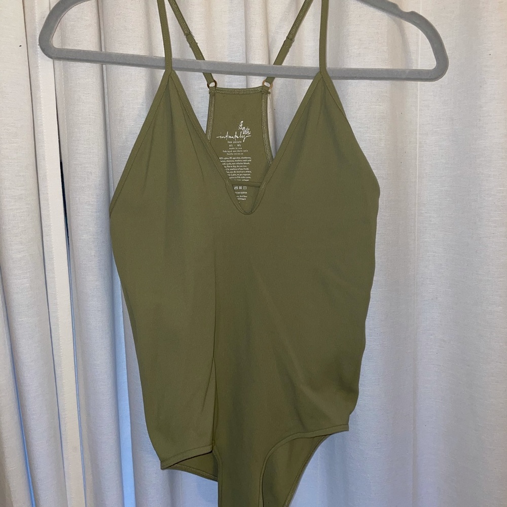 Free People Sage Green Move Along V Neck Bodysuit